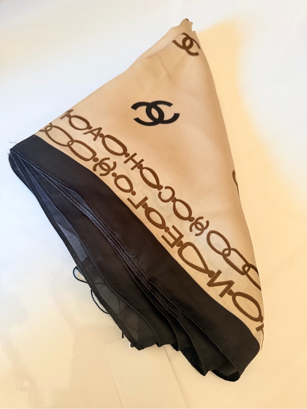 CHANEL Beige & Black Logo-Print Circle Scarf.